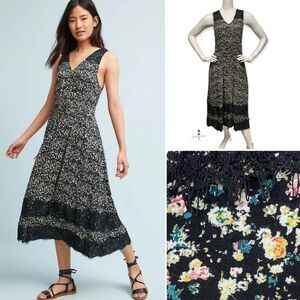 ANTHROPOLOGIE Ranna Gill Cynara Midi Dress Lace Calico Floral Cottagecore XS 2 0
